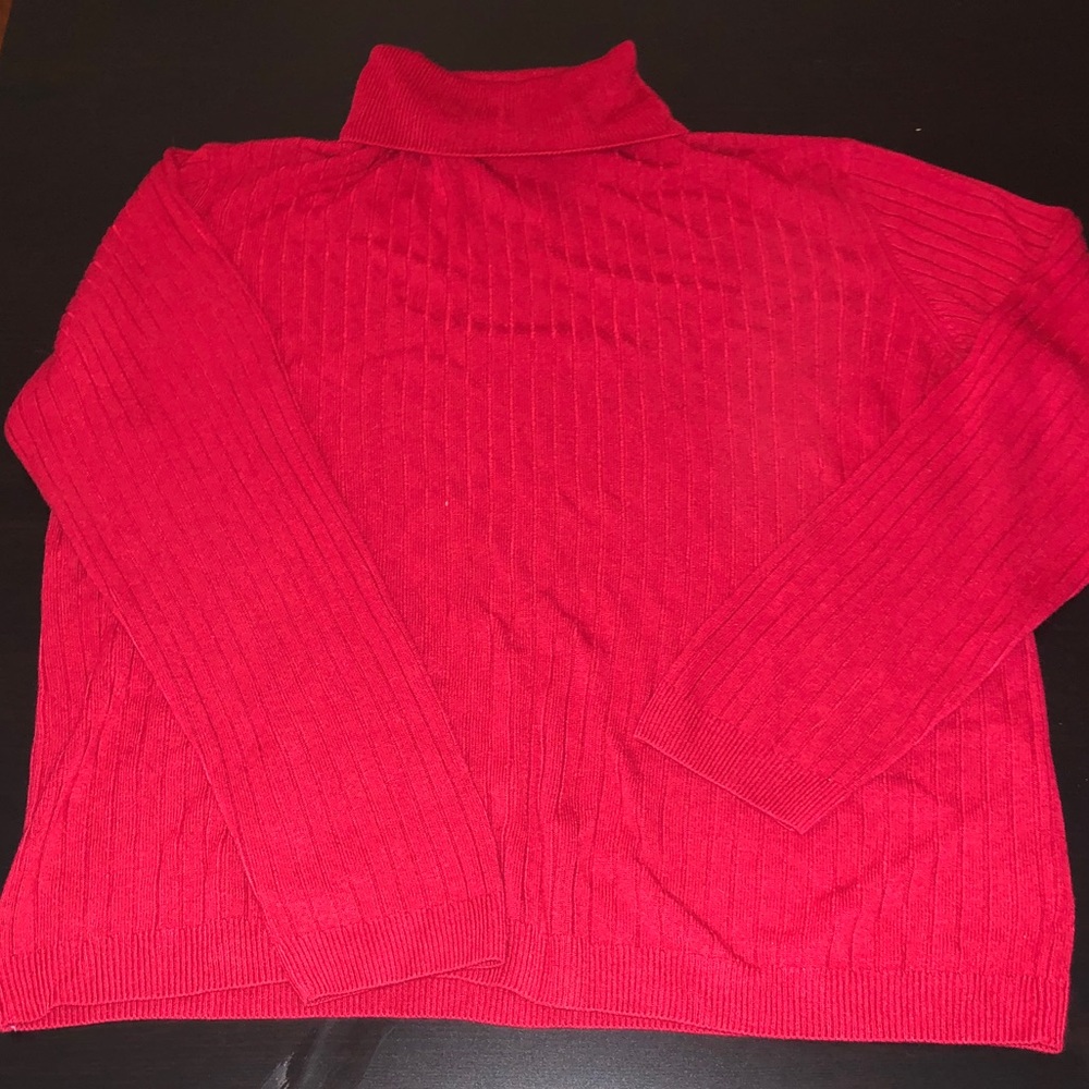 Red Ribbed Knit Turtleneck Sweater, Good Stretch